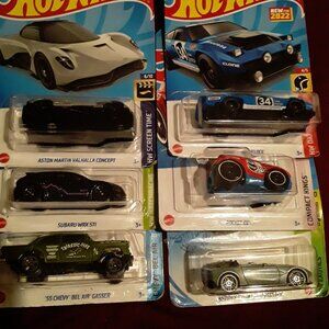 6 MIXED HOT WHEELS ASTON, SUBARU, 55 CHEVY BEL AIR, DIMANCHINNI, ROCKET BOX